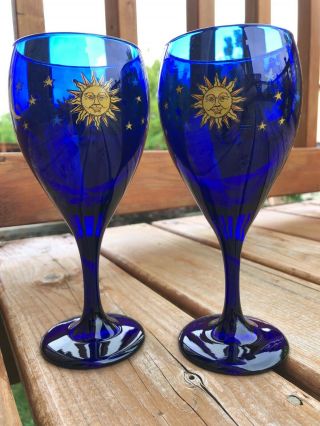 Set (2) Vintage Libbey Cobalt Blue Celestial Sun Moon Stars Wine Glasses Goblets