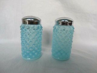 Fenton Art Glass Hobnail Blue Opalescent Salt & Pepper 3806 Shaker W/ Metal Lids