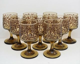 Vintage Smoked Amber Libbey Tawny 5 1/4 " Wine Glass Goblets Set Of 9