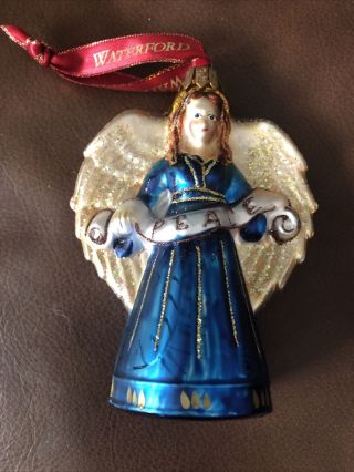 Waterford Hand Blown Glass Christmas Ornament Angel Blue Dress Peace