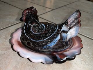 Vintage Purple & White Slag Glass Hen On Nest Chicken Bowl Dish W/ Lid
