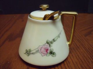 R S Bavaria Germany Pink Rose Mustard Pot Sugar Bowl With Gold Spoon And Lid
