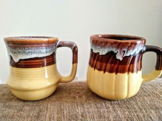 (2) Vintage Taiwan Studio Art Pottery Coffee Mug Cups Yellow And Brown Drip Glaze