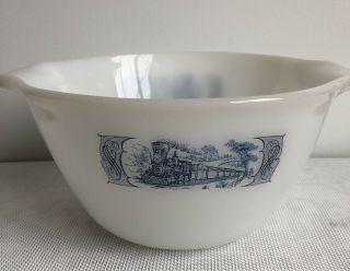 Currier And Ives Milk Glass Blue Train Railroad Locomotive Mixing Bowl