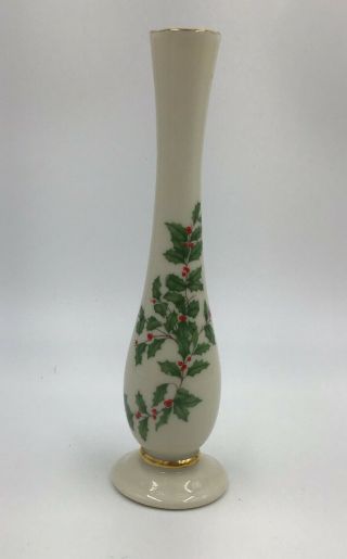 Vintage.  Lenox Holiday 7 1/2 " Bud Vase Holly Berry Gold Trim Made In Usa