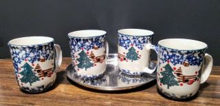 Folk Craft Cabin In Snow By Tienshan 4 Mugs / Coffee Cups Blue Spongeware