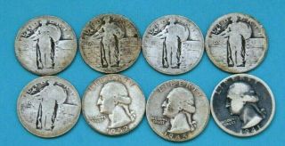 8 - Silver Quarter: 5 Standing Liberty & 3 Washington Quarters 90 Silver