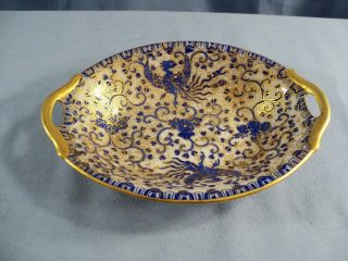 Blue Phoenix Flying Turkey Porcelain Japan Small Oval Handled Bowl W/ Gold Trim