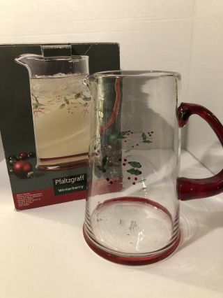 Pfaltzgraff Winterberry Glass Pitcher Etched Hand Painted 2.  5 Qt Christmas