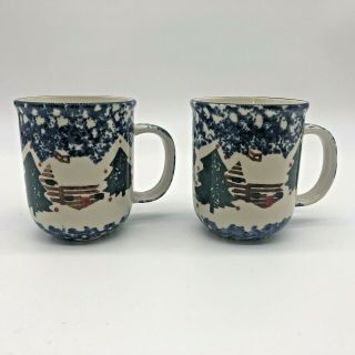 Folk Craft Tienshan Cabin In The Snow Set 2 Coffee Mugs Cup Spongeware Christmas
