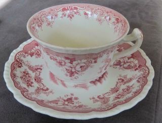 John Maddock And Sons Bombay Red/pink Transfer Ware Cup And Saucer
