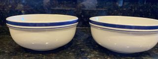 Culinary Arts Cafeware Porcelain White Cereal/soup Bowls With Blue Stripe Set 2