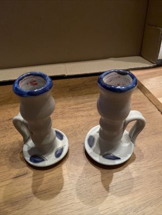 Pair Williamsburg Pottery Blue Salt Glaze Stoneware Candlestick Holders