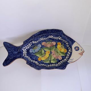 Hand Painted Portugal Fish Shaped Platter Blue W/flowers Glazed