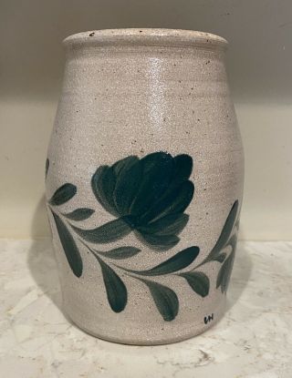 Salmon Falls Green Leaf Design Pottery Stoneware Crock Vase - Salt Glaze