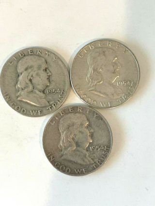 3 Total 1954 - S & 2 - 1954 - D Ben Franklin Silver Half Dollars 90 Silver 2 Total