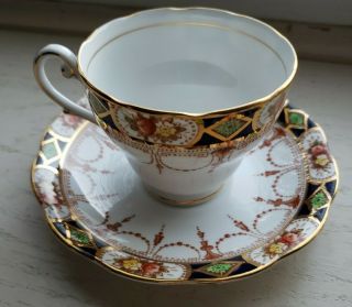 Royal Standard Teacup And Saucer.  Navy/green/gold Scalloped,  Gold Trim,  England