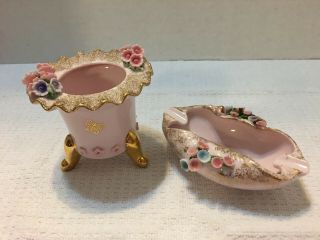 Vintage Lefton China Pink Ashtray And Cigarette Holder Set With Flowers