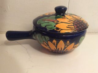 Stoneware Sunflower Pottery Crock Bowl Bean Pot With Lid & Handle Blue 5”