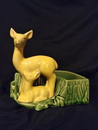 Vintage Shawnee Pottery Deer Doe & Fawn Planter Vase Yellow & Green 669