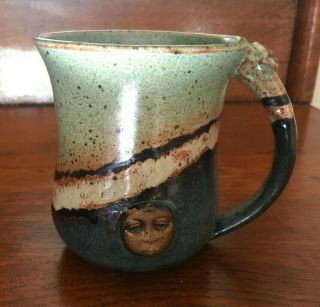 Dream Studio Hand Crafted Art Pottery Mug Cup Etched Face Signed Blue Green