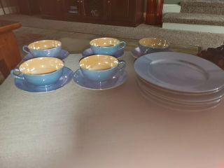 Vintage Ta Japan Lusterware Blue Orange Cup W/saucer Set Of 5,  6 Dessert Plates