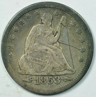 1853 Arrows & Rays Seated Liberty Quarter 25c Fine,  Details Scratched
