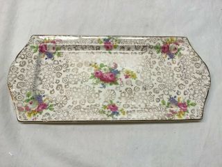 Vintage H & K Tunstall Fancy Dresser Tray With Flowers And Gold Trim - England