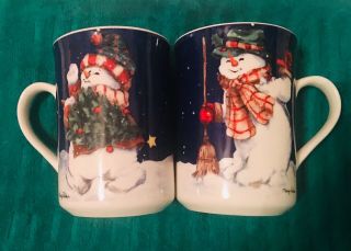 Thompson Pottery China Christmas Snowman Mugs Cups Set Of 2