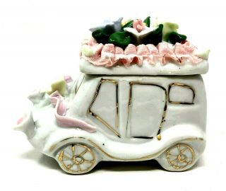 Vintage Ceramic Car Lidded Trinket Box,  Flowers And Porcelain Lace