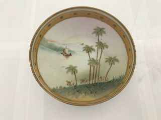 Vintage China Te - Oh Hand Painted Nippon Palm Trees Footed Candy Dish Gold Trim