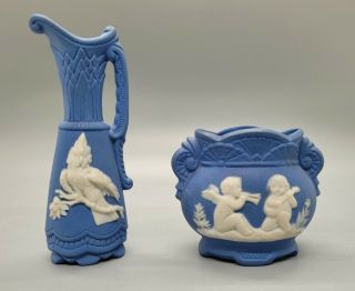 Jasperware Blue & White Cameo Miniature Porcelain Vase & Pitcher Marked Germany
