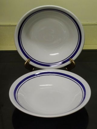 Set Of 2 Oxford Beige & Blue Stripe Hand Painted Stoneware Soup Bowls - Brazil