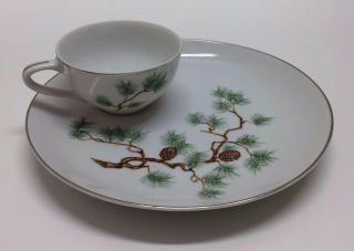 Laurel China Tea Cup & Snack Plate Set Pine Platinum Trim Made In Japan