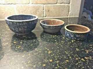 Set/3 Beaumont Brothers Usa Made Blue Spongeware Salt Glazed Pottery Small Bowls