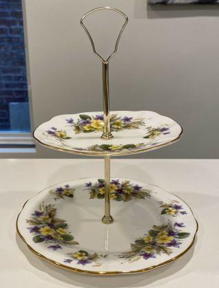 England Bone China Tidbit Two Tier Afternoon Tea Server Plate Violets Pansies