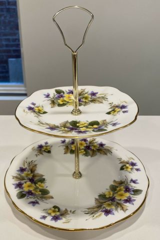 England Bone China Tidbit Two Tier Afternoon Tea Server Plate Violets Pansies 2
