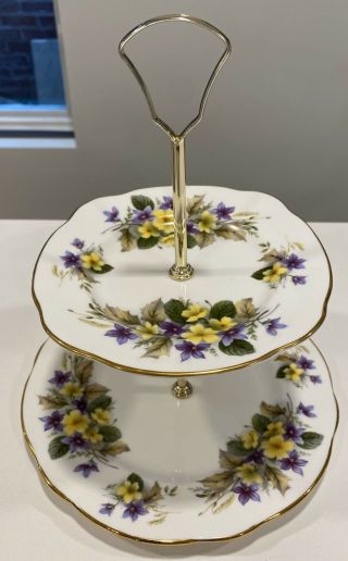 England Bone China Tidbit Two Tier Afternoon Tea Server Plate Violets Pansies 3