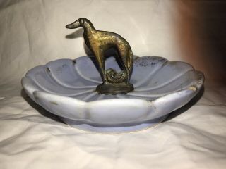 Ceramic Metal Brass Trinket Dish Hound Dog Art Deco Blue And Gold Borzoi Russia