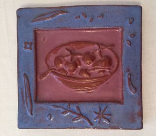 Blue Eartha Pottery Cherries Trivet Wall Hanging 6 X 6 Inches -