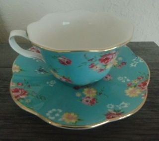 Fine China Tea Cup And Saucer Shabby Rose Turquoise Porcelain Scalloped Gold