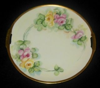 R S Germany Hand Painted Cake Plate Pink And Yellow Roses Gold Rim 1916