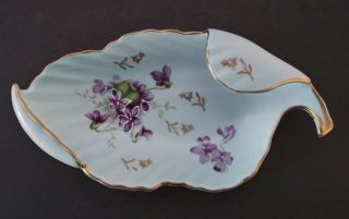 Vintage Hand - Painted Violets Porcelain Leaf - Shaped Trinket/candy Dish