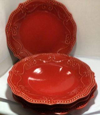 Set Of 4 - Pioneer Woman - Betsy Paige Ruby Red - 8 " Scalloped Edge Salad Plates
