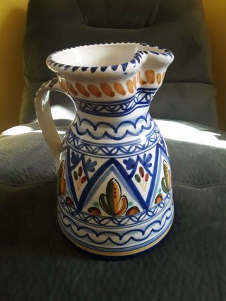 De La Cal Barreira Puente Spain Vintage Handpainted Pottery 8”pitcher/signed 31