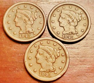 3 X 1845 Large Cents - Looking Vg / Fine Coins