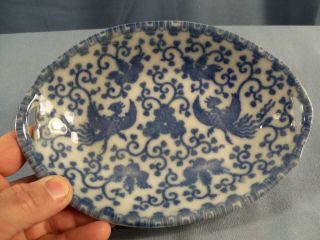 Blue Phoenix Flying Turkey Porcelain Japan Small Oval Handled Bowl
