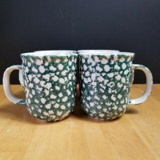 Tienshan Folk Craft Moose Country Mugs Cups Sponge Green And White Set Of 4