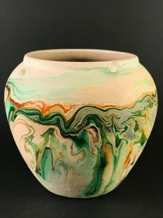 Vintage Nemadji Pottery Green Orange Swirl Pot