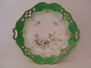 Vintage Beautful Hand Painted Green Plate With Dogwood And Cut Out Handles